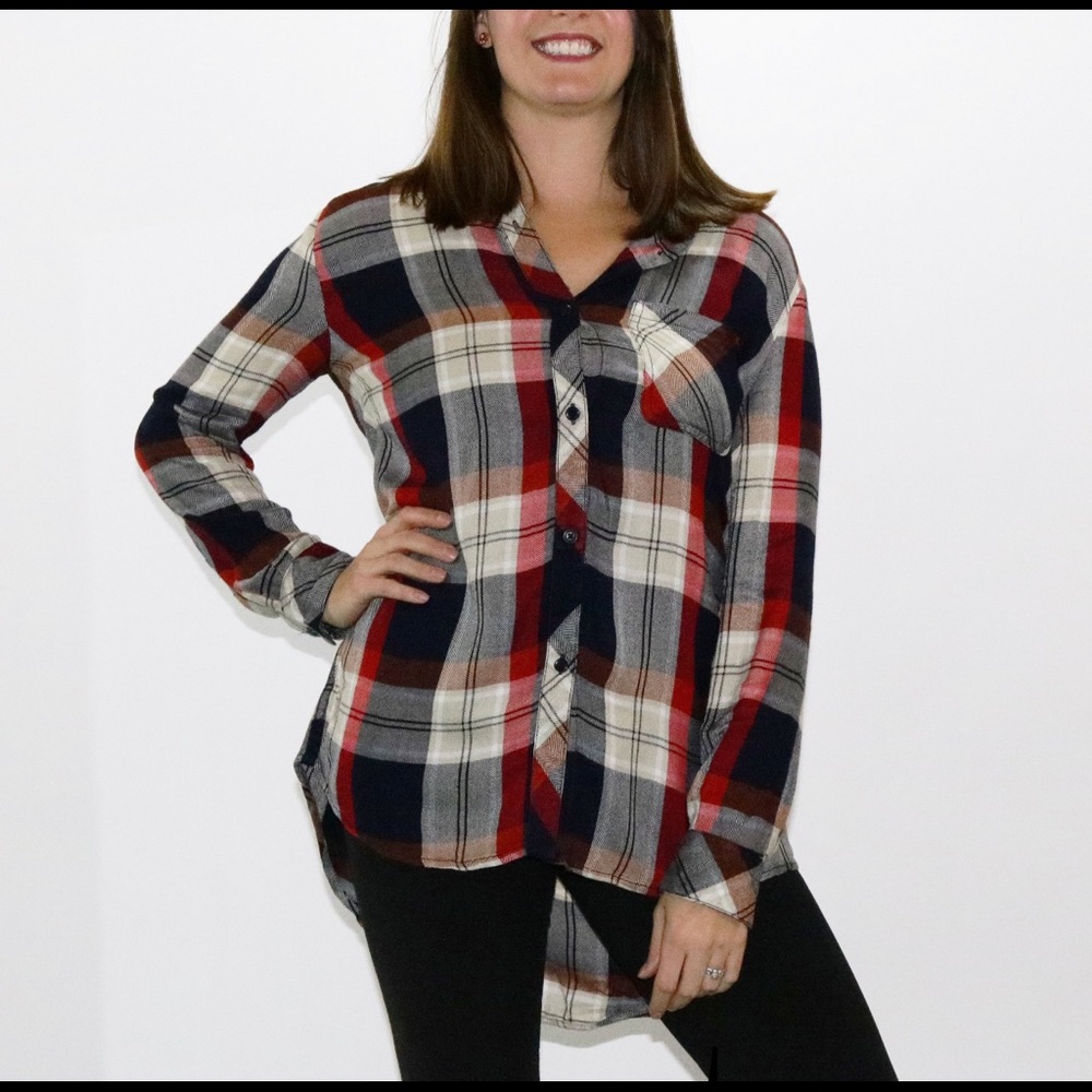 Red and Gray Plaid Button Down Shirt